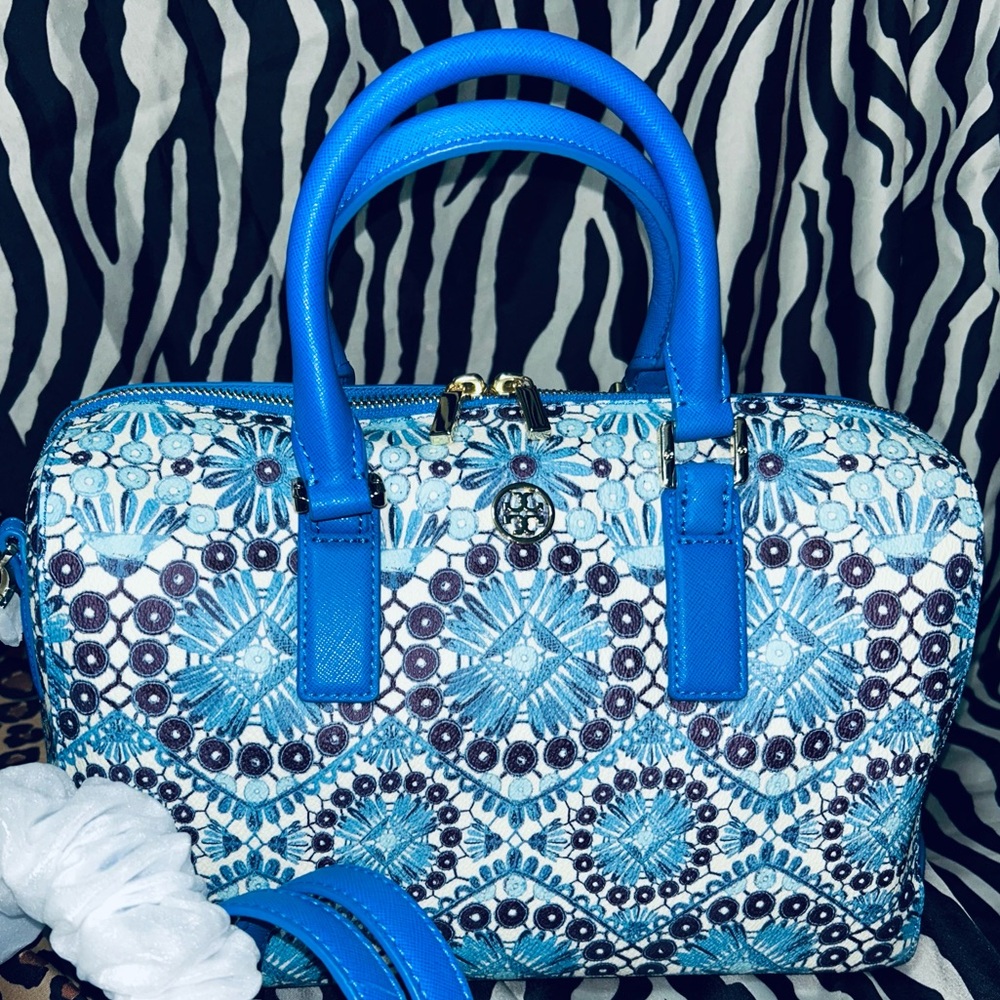 Tory Burch Blue Satchel with Intricate Design